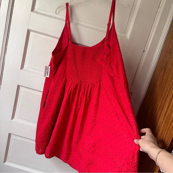 Old Navy Babydoll Mini Dress Embroidered Red Lace Eyelet Smocked Pockets Stretch - Picture 8 of 16